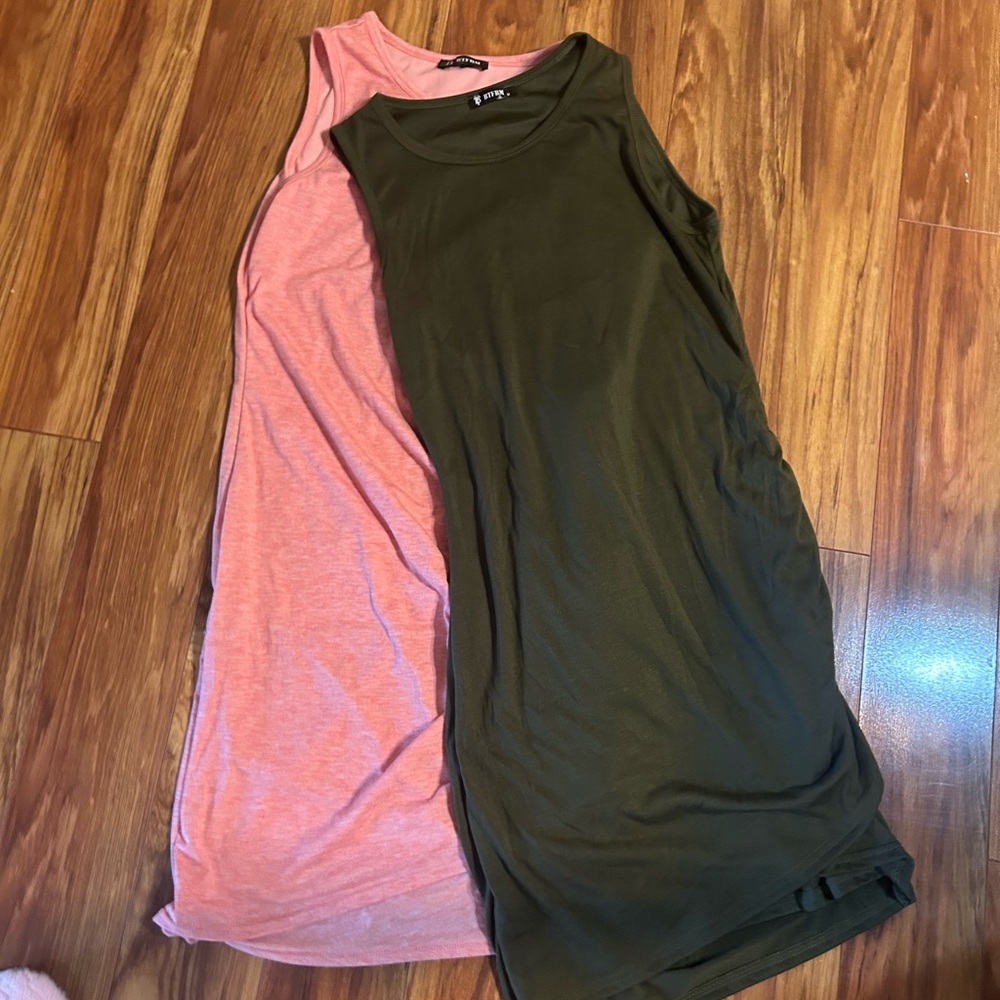 Pink and Olive Green Sleeveless Ruched Dresses